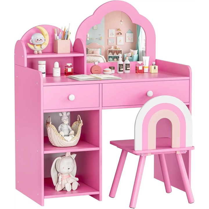 Masa de toaleta pentru copii, masa de machiaj in forma de nor, cu oglinda, 2 sertare, lemn, 73, 5×40×90, 5 cm, rosu