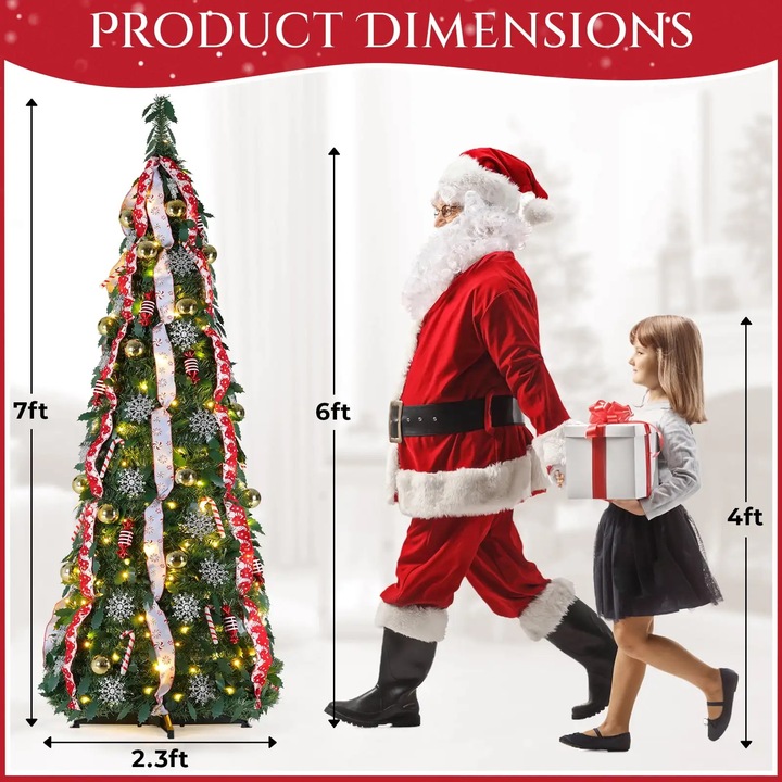 Brad de Craciun, Pop-up cu ornamente, 60 cm, preiluminat cu LED-uri multicolore, pliabil, telecomanda, RoHS