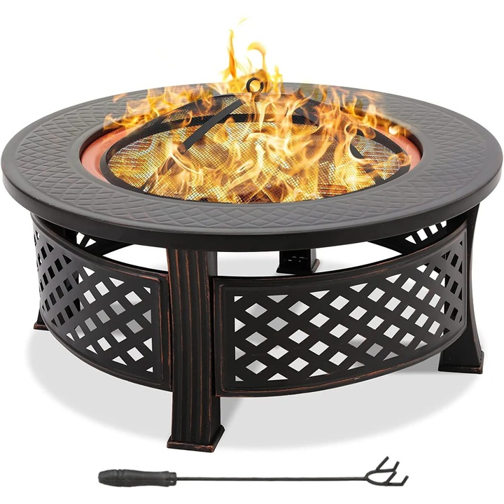 Bol de foc 3-in-1, gratar pe carbuni si vatra de foc, diametru 81 cm, protectie scantei, fier emailat cu portelan, usor de curatat, negru