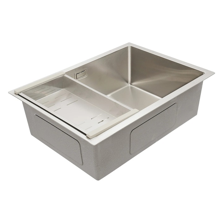 Chiuveta de bucatarie, Cuva simpla, Otel inoxidabil 304, Cos sita si furtun de scurgere, 1 orificiu, Fara baterie, 60 x 44 x 19 cm, Argintiu