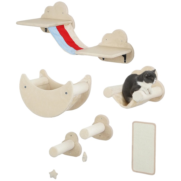 Macskajáték-együttes, négyemeletes kialakítás, karcolódeszkával, bézs, 105x34x28 cm