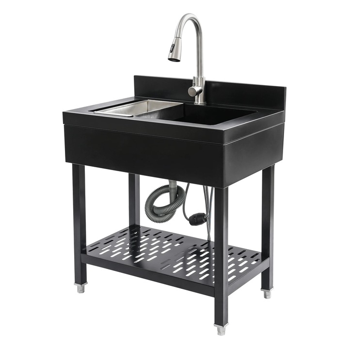 Chiuveta utilitara, independenta cu o cuva, Dimensiune 68, 6 cm, Inox, Dreptunghiulara, Baterie 360° cu furtun extensibil 60 cm, Montaj pe podea, Negru
