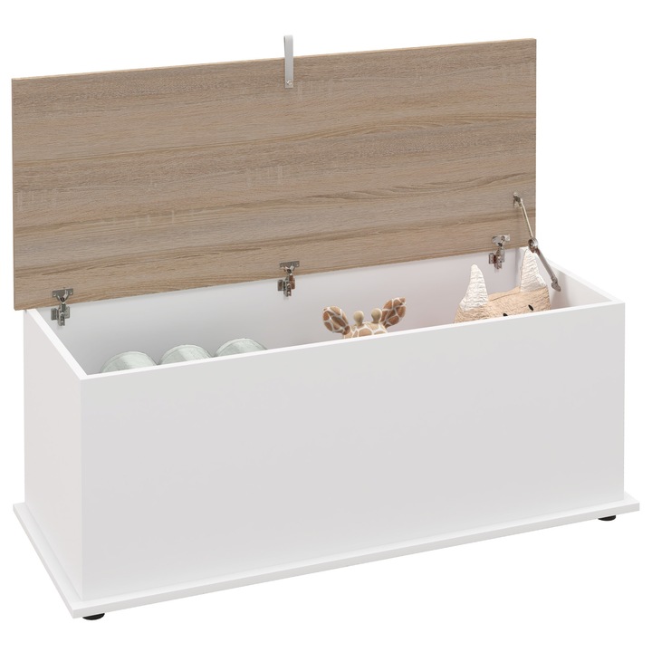 Lada de depozitare, Cutie din lemn cu capac, Sarcina maxima 120 kg, 100×40×40 cm, Pentru dormitor/living, Natural/Alb