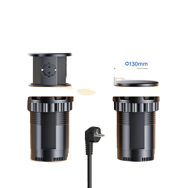 Изтеглящ се контакт, изскачащ дизайн, 3 AC контакта, 1 безжично зарядно устройство, 1 USB-C порт, 1 USB-A порт, черен, 220V