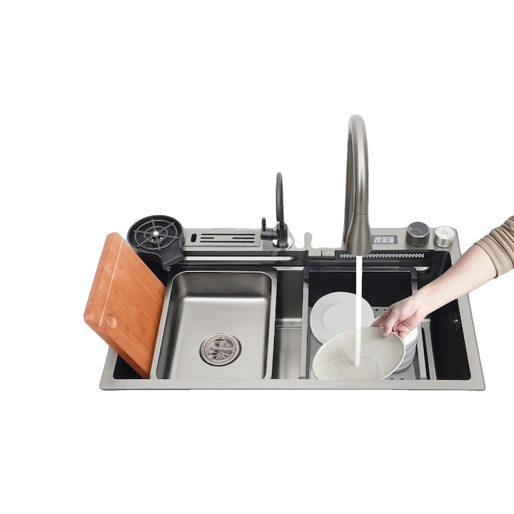 Chiuveta bucatarie, 75 cm x 46 cm, din otel inoxidabil, montare deasupra, forma rectangulara, cu trei gauri