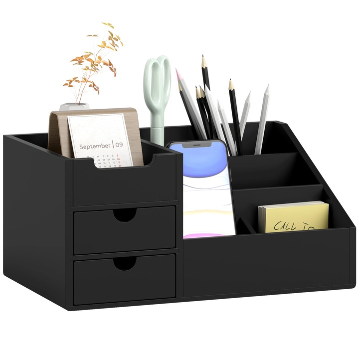 Organizator birou, Bambus, 2 Sertare, 6 Compartimente, Raft, 33×20, 5×15, 5 cm, Negru