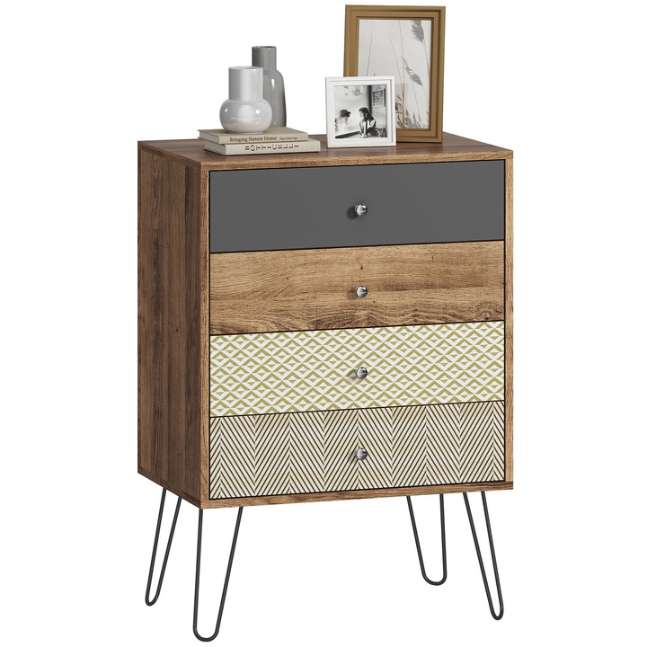 Comoda, Dulap cu sertare, 4 Sertare, Picioare tip agrafa din otel, Stil boho, 60×39×86 cm, Multicolor