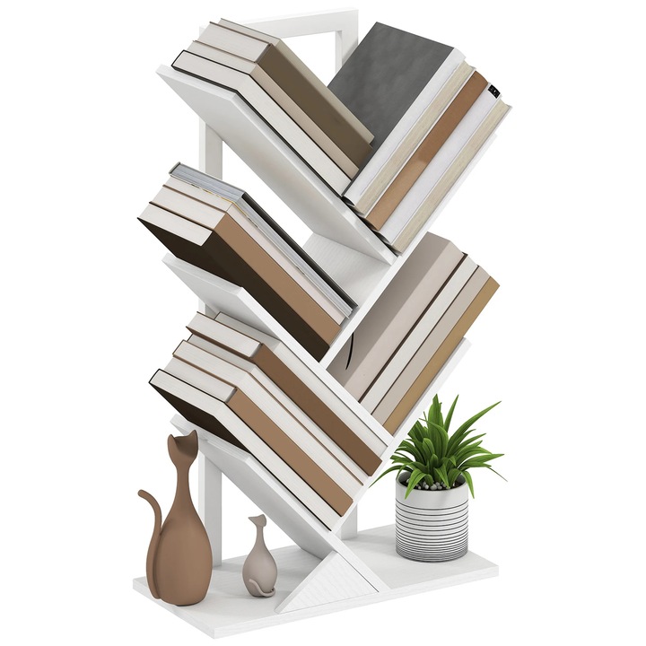 Etajera in forma de copac, Biblioteca, Sistem anti-rasturnare, 5 rafturi, 50×24×82 cm, Melamina/lemn, Modern minimalist, Alb