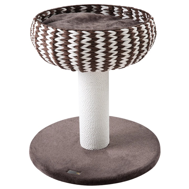 Ansamblu de joaca pentru pisici, 4 nivele, 50×50×52 cm, stalpi de zgariat cu funie de hartie, pat cu perna din plus, PAL, cafeniu