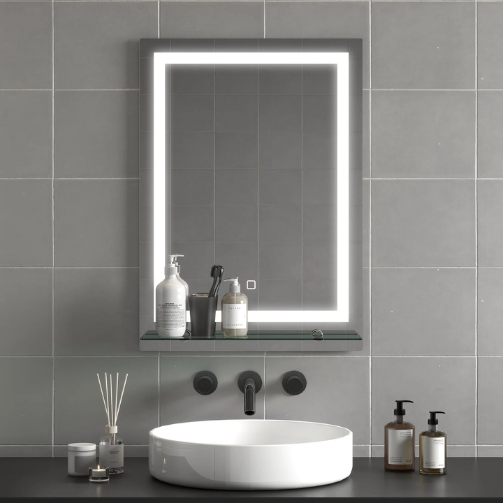 Oglinda Baie, Oglinda LED, 50×70 cm, 3 Culori de lumina, Raft de sticla, Functie de memorie, Comutator tactil, Transparent