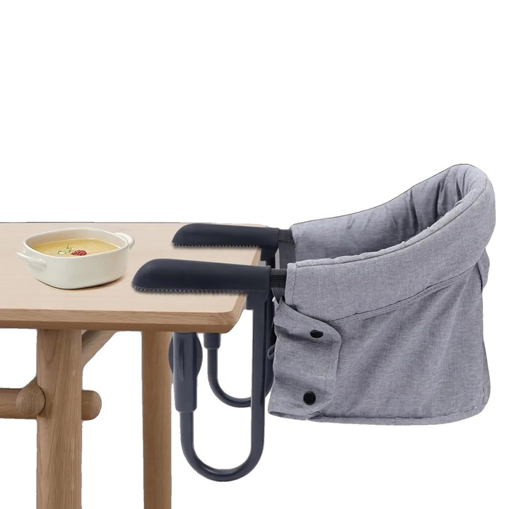 Scaun de masa pentru bebe, design cu prindere, portabil si pliabil, gri, 42x36x27cm