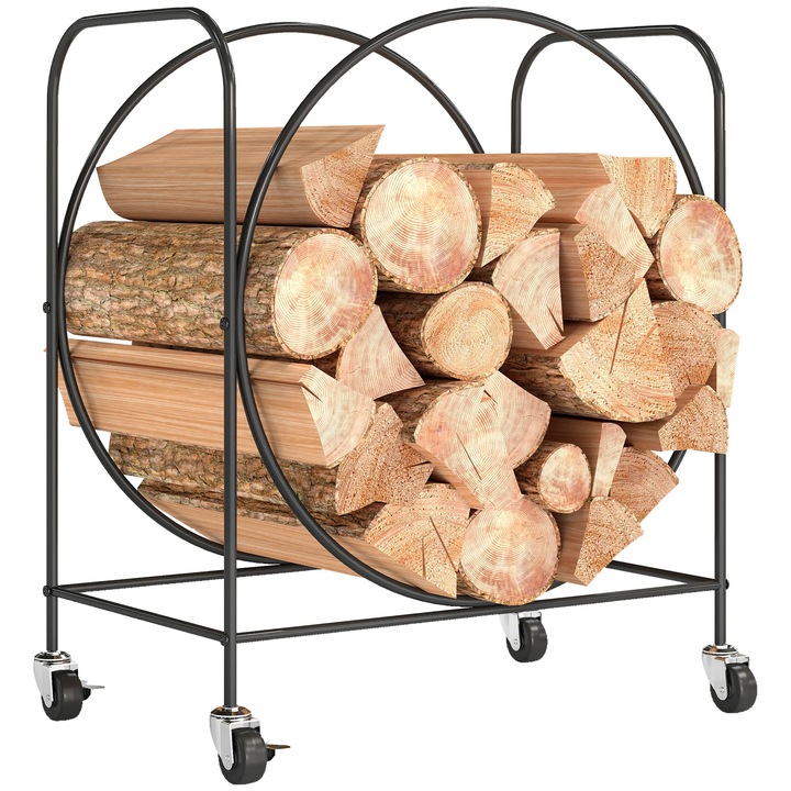 Suport lemne de foc, Raft metalic cu roti, Dimensiuni 51x30x60 cm, Interior/Exterior, Pentru Semineu/Soba, Maro Ciocolatiu