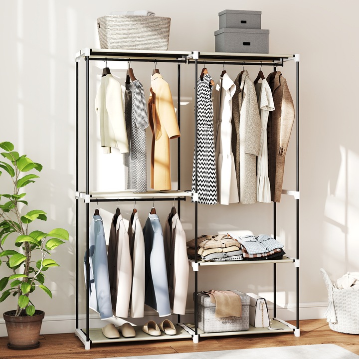 Dulap pentru haine, Garderoba deschisa, 4 rafturi din material textil, 3 bare pentru umerase, cadru metalic, 142×43×185 cm, Gri deschis