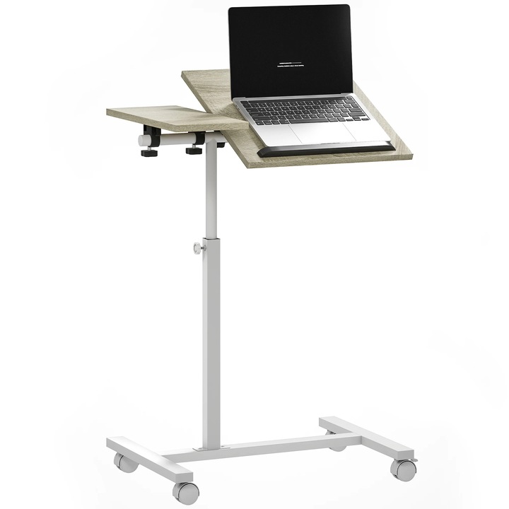 Masuta laterala cu roti, Masa laptop/Birou calculator, Reglabila pe inaltime, Dreptunghiulara, Lemn, 100 cm, Alb