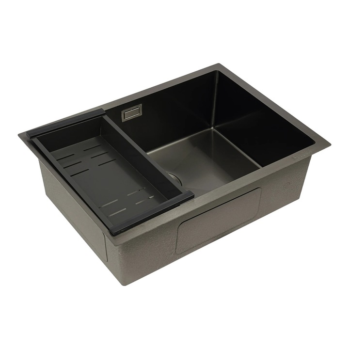 Chiuveta de bucatarie, Monocuva, Dreptunghiulara din Inox 304, cu cos de scurgere, 1 orificiu pentru baterie, fara baterie, negru