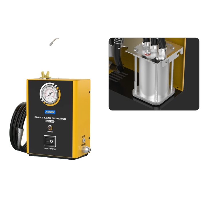 Detector de fum pentru scurgeri auto, 24x21x25 cm, alimentare 12V, 6 litri/min, set testare sisteme de combustibil