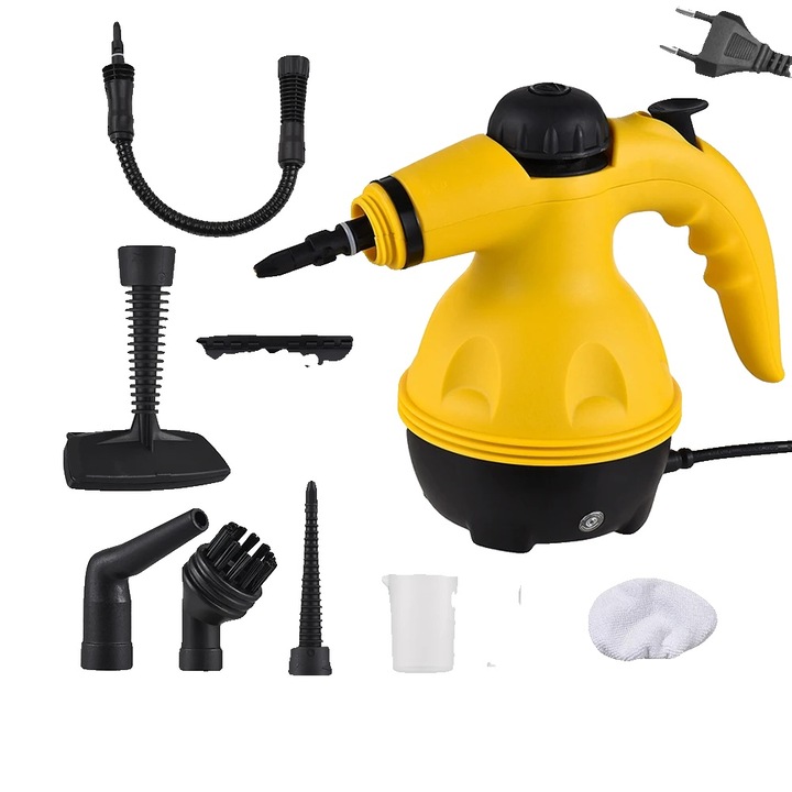 Curatator cu abur portabil 8785368773095, 1000W, incalzire 3–4 min, set accesorii pentru suprafete si tapiterie, galben/negru