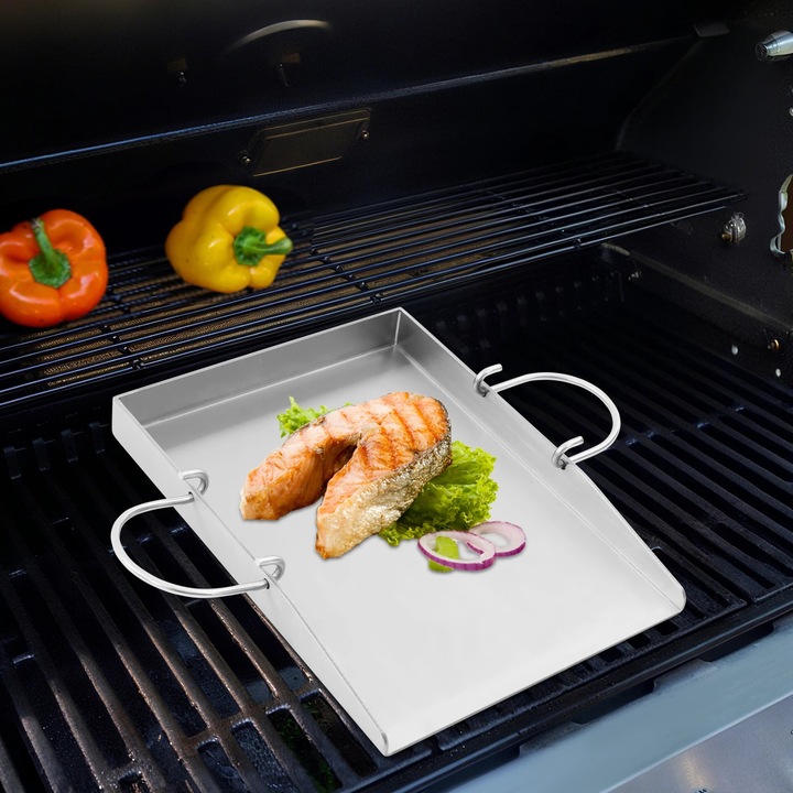 Placa de gratar, Plita, Otel inoxidabil, Dimensiune 40×30×4 cm, Grosime 4 mm, Rezista la 170 °C, Dreptunghiulara, Cu 2 spatule, Argintiu