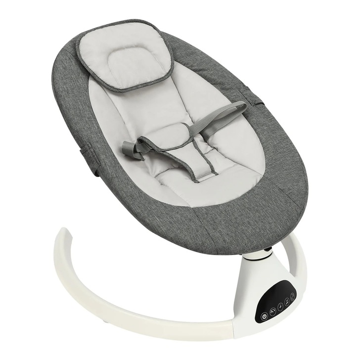 Leagan pentru bebelusi, Balansoar electric, 6V, Muzica Bluetooth, Telecomanda 5 m, 2 moduri, Max 10 kg, 0–1 ani, Gri