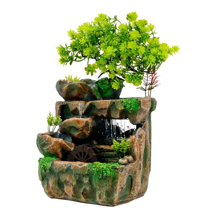 Fantana de interior, Fantana de masa, Iluminare LED, Cascada de apa, Rasina, 18×15×30 cm, Verde