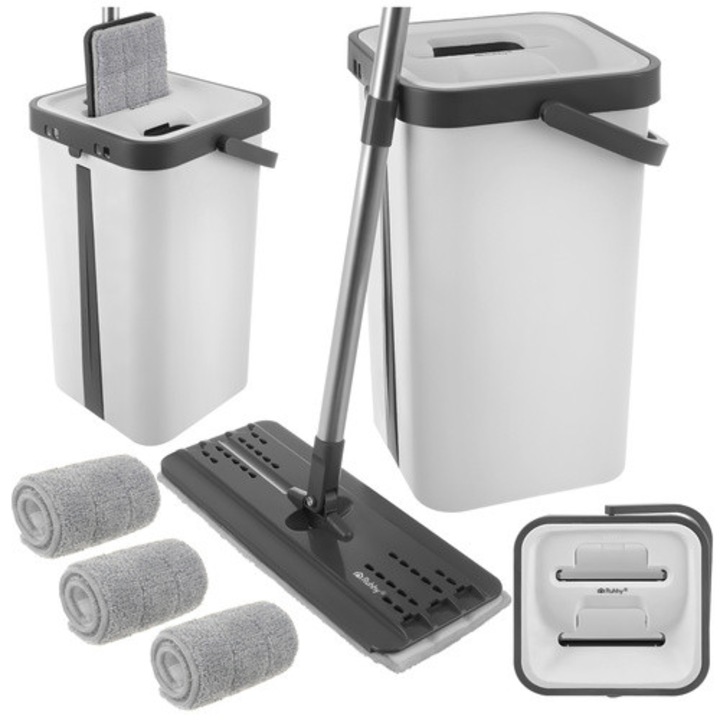 Set mop plat cu storcator, galeata cu doua compartimente, apa curata si murdara, 11 L, 3 rezerve