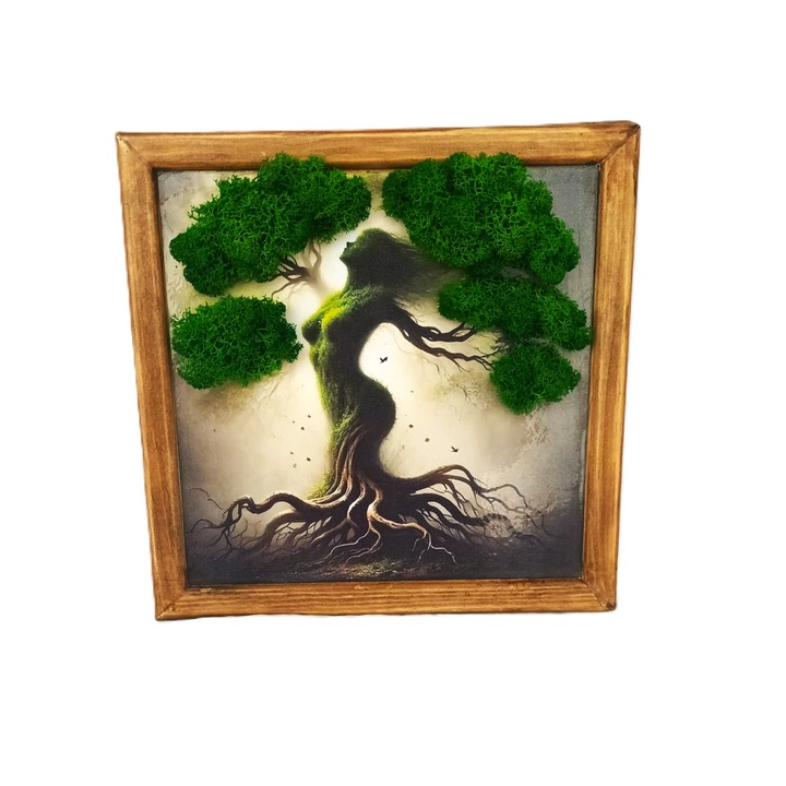 Decoratiune pentru interior, tablou cu licheni naturali stabilizati, bonsai cu trunchi femeie, arborele norocului, 23 cm, verde