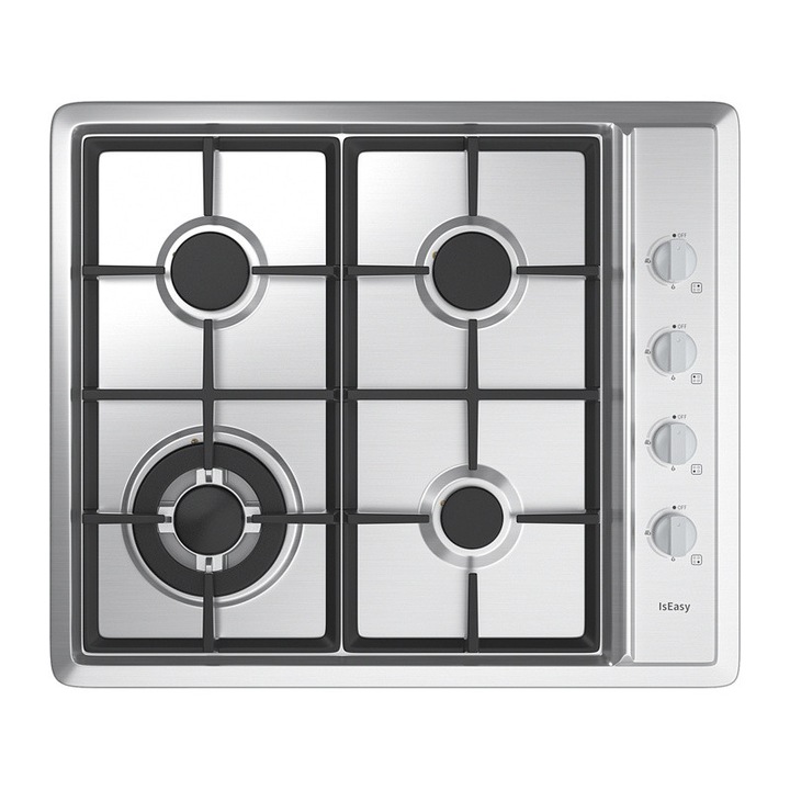 Plita pe gaz IsEasy MGBS-604D, 4 zone de gatit, 3.3 / 2x 1.74 / 1 kW, 50.9 cm x 48 cm, Inox
