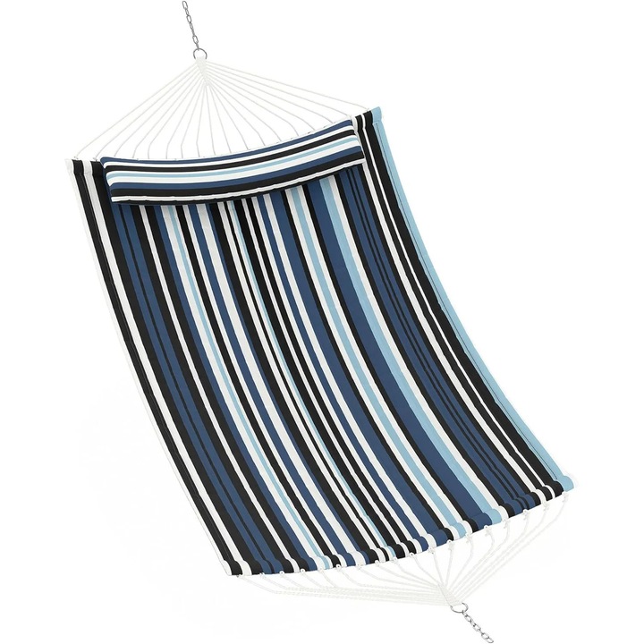Hamac de exterior, Hamac dublu, Poliester, Capacitate 204 kg, Franghii rezistente, Perna moale, Dungi albastre