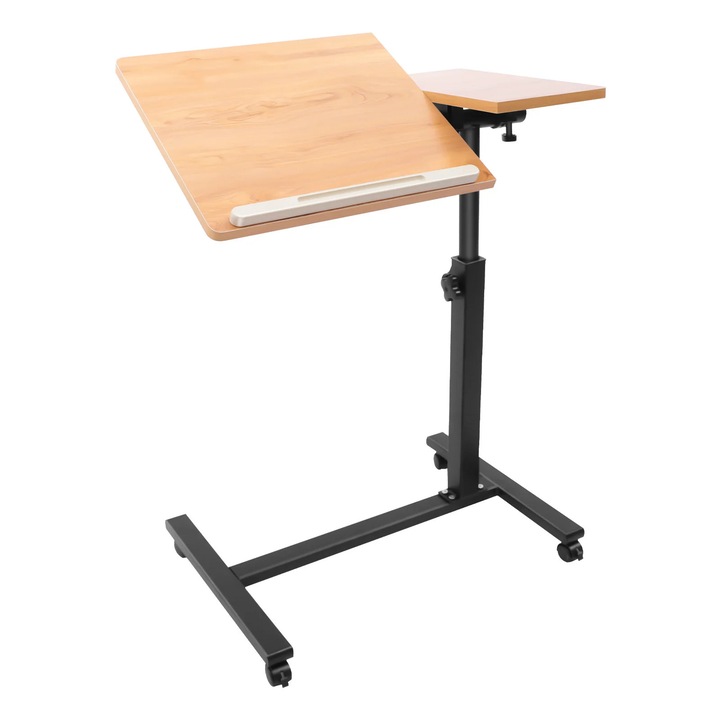 Állítható magasságú íróasztal otthoni irodába, téglalap alakú laptop asztal, 360°-ban dönthető és forgatható, MDF asztallap, acél váz kerekekkel, maximális terhelés 5 kg