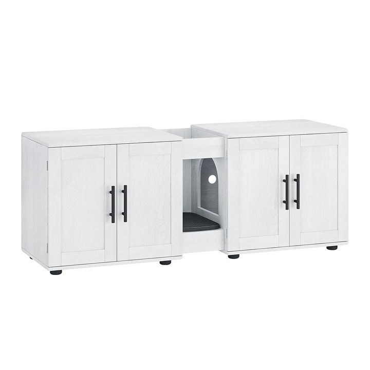 Dulap pentru litiera pentru pisici, design cu doua camere, alb, 140x45x57cm