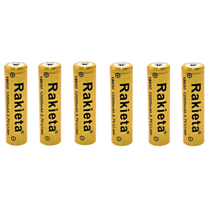 Pachet de 6 Baterii Reincarcabile 18650, 12000mAh, 3.7V, Li-Ion, Aurii