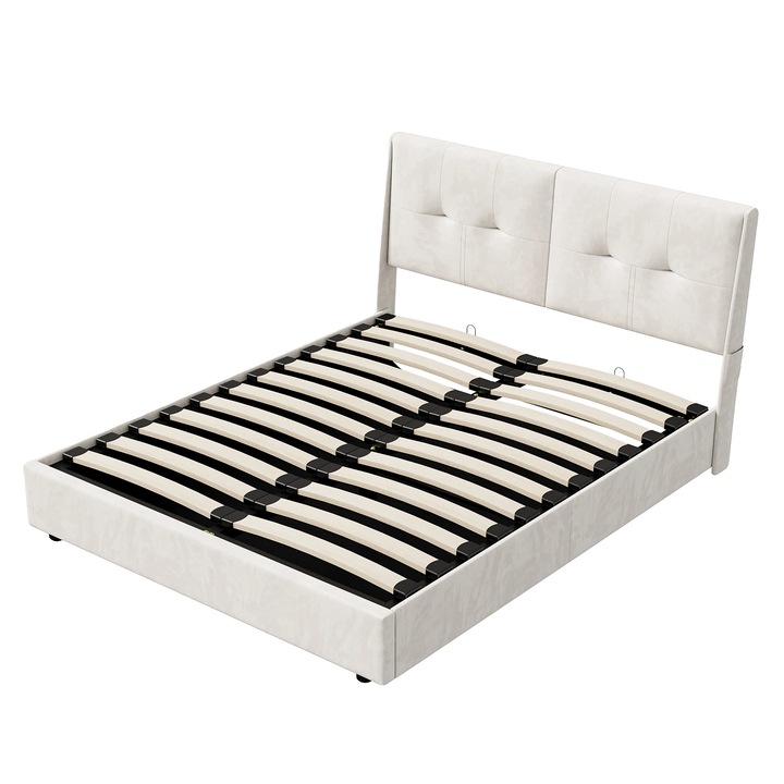 Pat tapitat cu iluminare LED, cu spatiu de depozitare, bej, 140x200cm