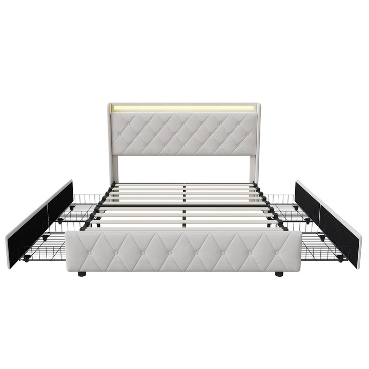 Pat cu spatiu de depozitare, iluminare LED, incarcare USB, bej, 140x200cm