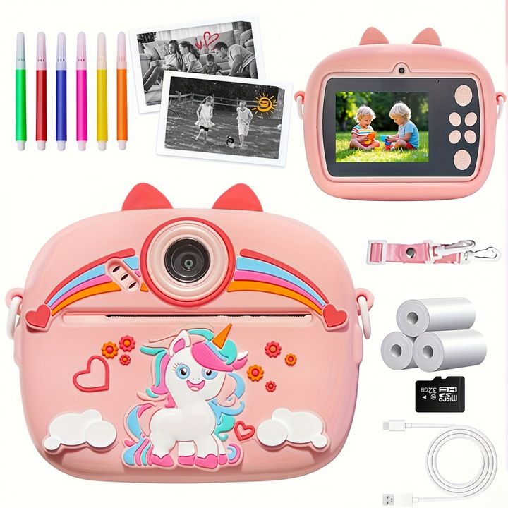 Camera foto copii instant cu print termic, aparat foto copii unicorn, camera video Full HD, cu card 32GB, role hartie si carioci
