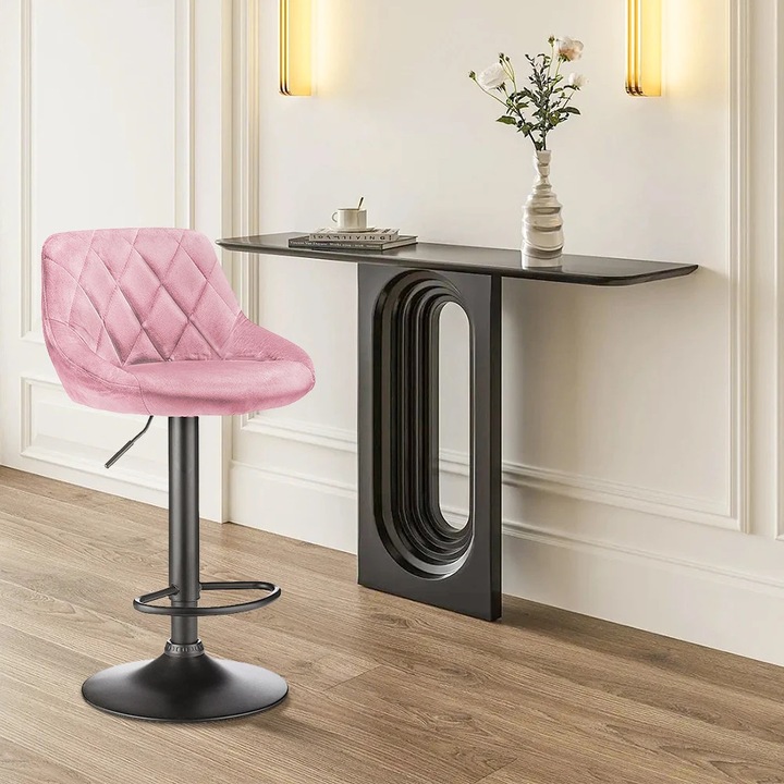 Scaune de bar set 2, Scaun bar cu spatar, Reglabil pe inaltime, Rotativ, Sezut din catifea, Suport picioare, Cadru metalic, Roz