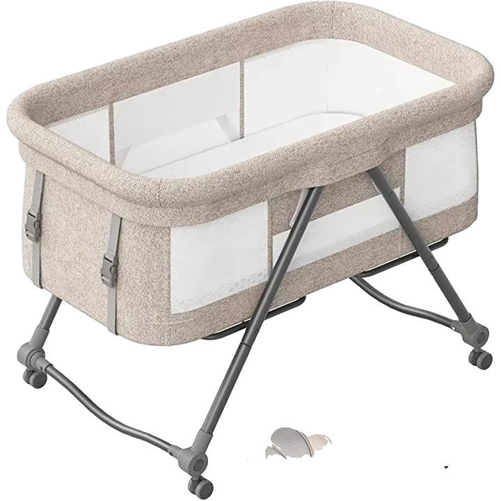Patut bebe pliabil, KHAKI, design compact, cu roti silentioase, pentru nou-nascuti si copii mici