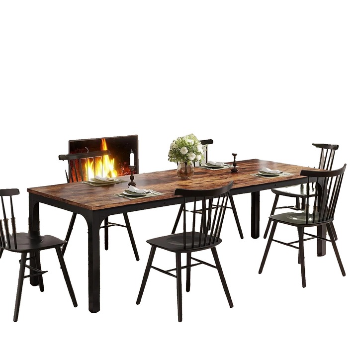 Masa de dining, Rustic Brown, pentru 6-8 persoane, design retro, dimensiuni 27.5x78.7x29.5in