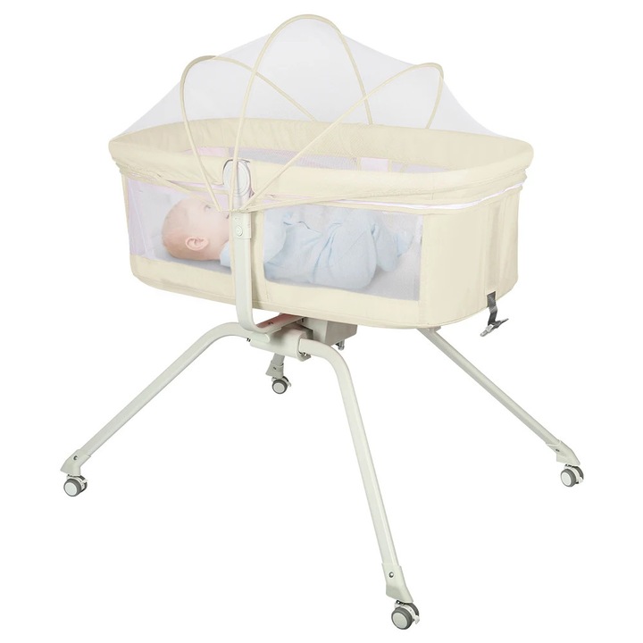 Pat bebe 3 in 1, patut de voiaj pliabil, functie de leganare, cu saltea, usor, reglare inclinare, pana la 9 kg, bej