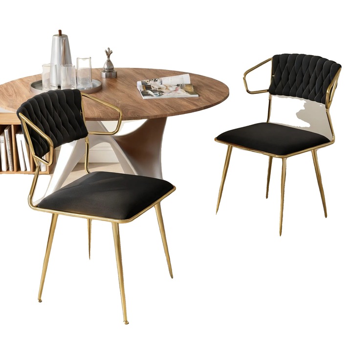 Set de 2 scaune de dining, material catifea, cadru metalic, capacitate de incarcare 136kg, design minimalist modern