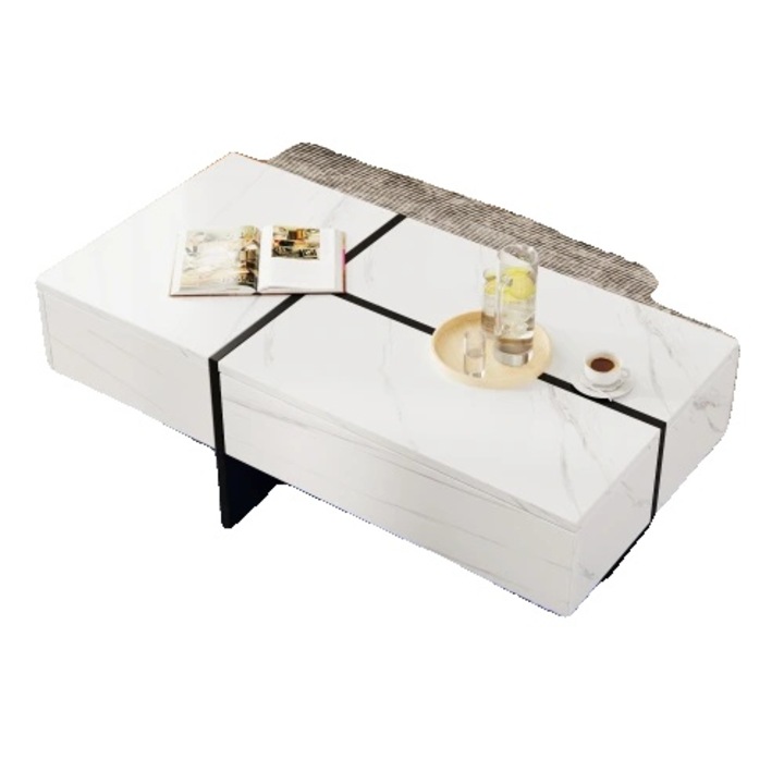 Masa de cafea, design modern, iluminare LED, alb, 100x50x34.5cm, cu 3 sertare