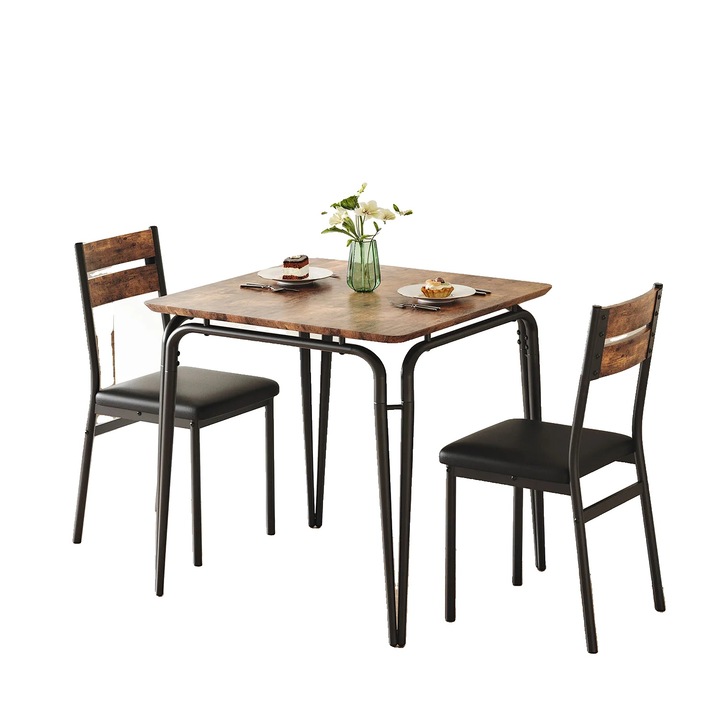 Set mese si scaune, design minimalist, 2 locuri, negru cu maro, dimensiuni compacte