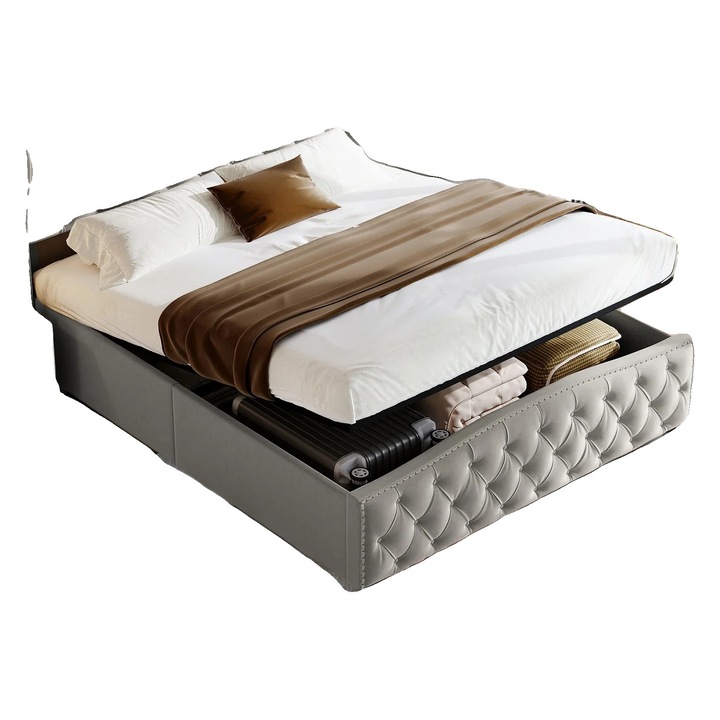 Pat cu spatiu de depozitare hidraulic, design modern, gri, 140x200cm