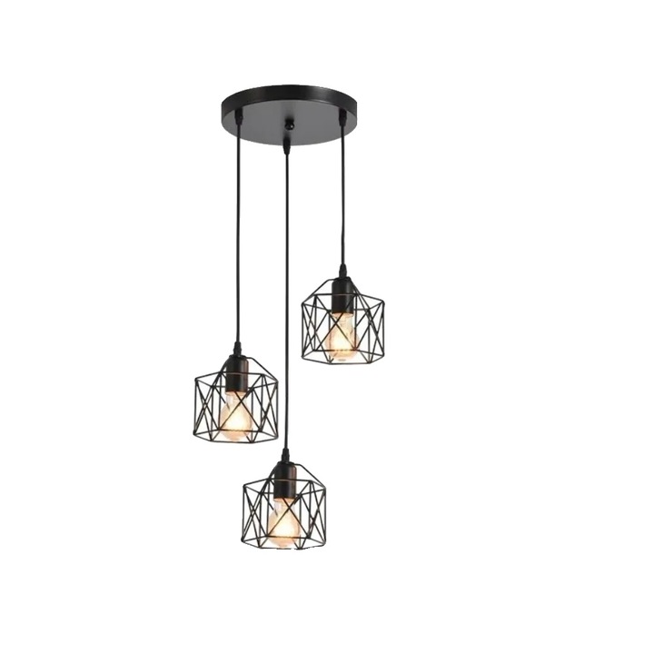 Lustra cu 3 surse de lumina, design vintage industrial, rotund, fara becuri, metal