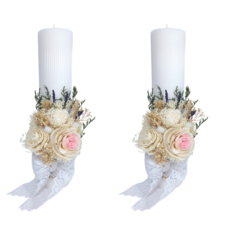 Set 2 lumanari nunta/cununie decorate cu trandafiri ming si flori naturale criogenate/uscate, 35 cm