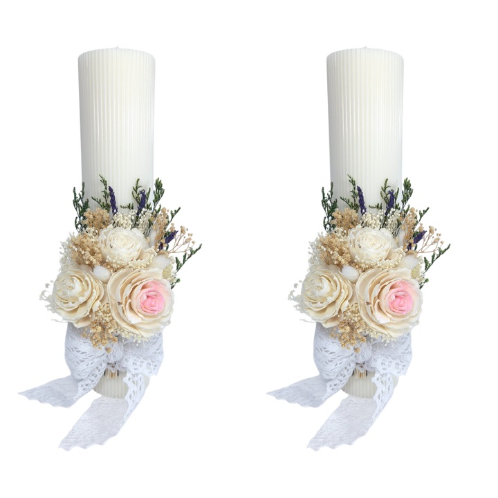 Set 2 lumanari nunta/cununie decorate cu trandafiri ming si flori naturale criogenate/uscate, 35 cm