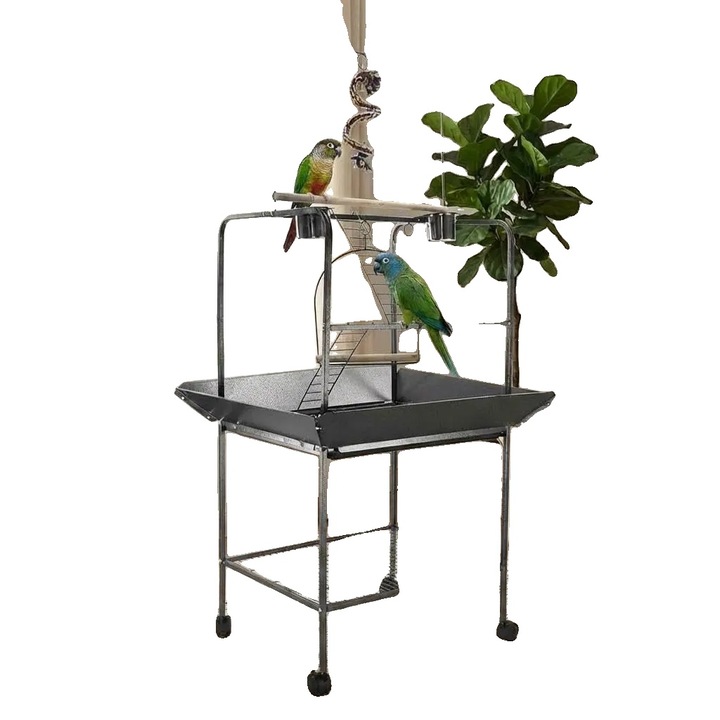 Stativ de joaca pentru pasari, constructie din otel durabil, roti mobile, zona de joaca interactiva, design usor de curatat