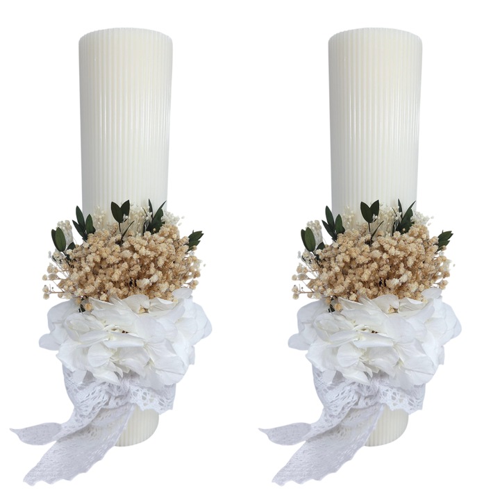 Set 2 lumanari nunta/cununie decorate cu gypsophiila si hortensie criogenata, 35 cm
