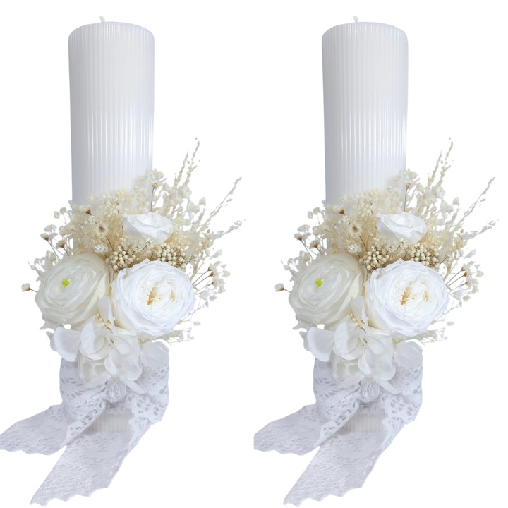 Set 2 lumanari nunta/cununie decorate cu ranunculus si trandafiri criogenati, 35 cm