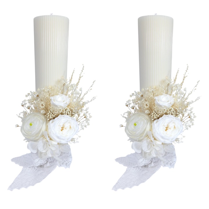Set 2 lumanari nunta/cununie decorate cu ranunculus si trandafiri criogenati, 35 cm