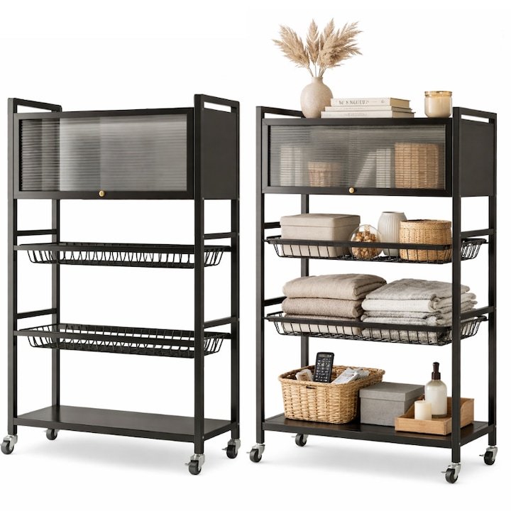 Raft depozitare multifunctional cu roti, 5 niveluri, cadru otel carbon, 80 x 125 x 30 cm - negru